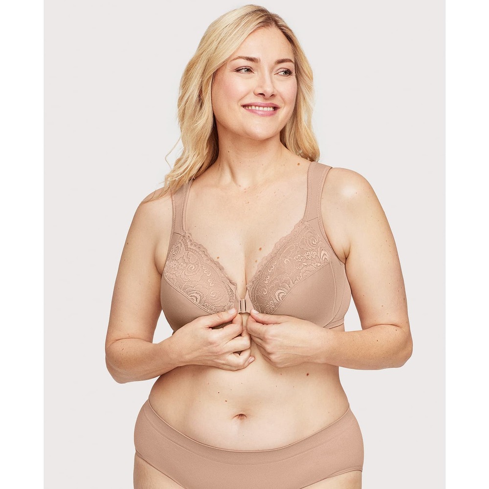 Glamorise Wonderwire Front Closure Bra in Cafe Size‎ 34G Nude Tan Cream Lace